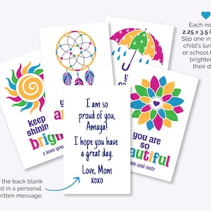 May include: Four colorful motivational note cards with positive messages. The cards feature a sun, a dreamcatcher, an umbrella, and a flower. Each card is 2.25 x 3.5 inches.