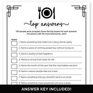 May include: A black and white game sheet with the words "top answers" and a fork and knife icon. The sheet includes questions to guess the top answers from a survey of 100 people. The answer key is included.