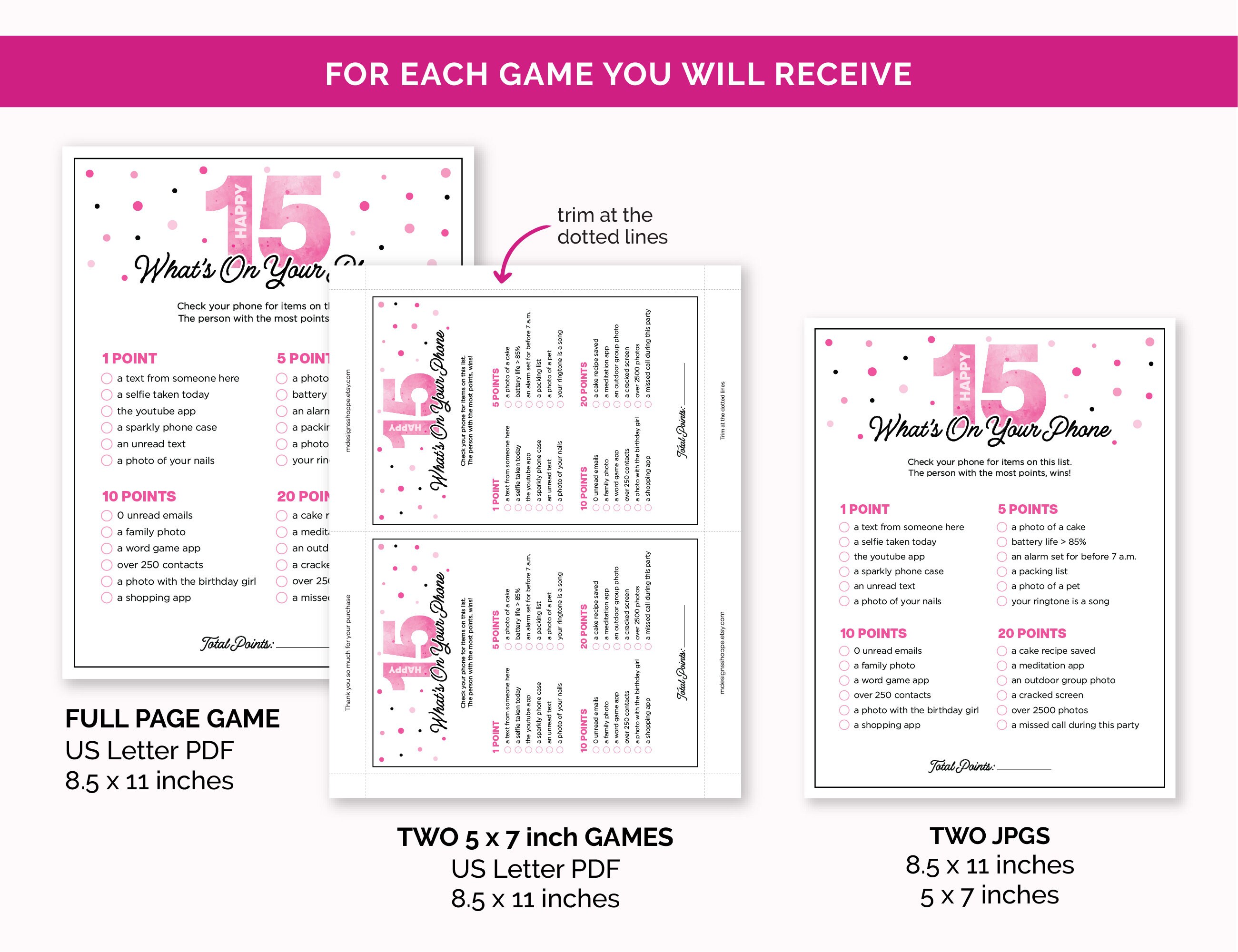 15th Birthday Party Games, Printable Game Bundle for a 15-year-old Girl