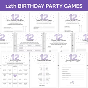 Purple 12th Birthday Party Games, Printable Twelfth Birthday Games with Birthday Girl Trivia, Activities for a 12-Year-Old Girls Birthday.