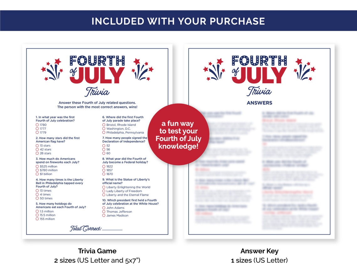 Fourth of July Trivia Game, Printable Quiz With Answers for a 4th of ...