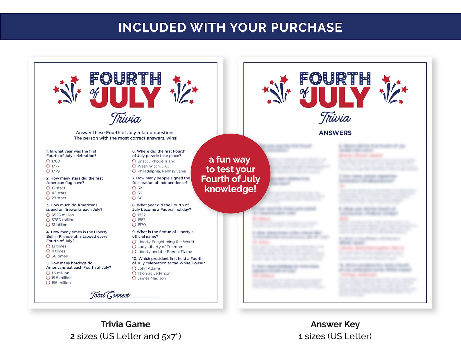 Fourth of July Trivia Game, Printable Quiz With Answers for a 4th of ...
