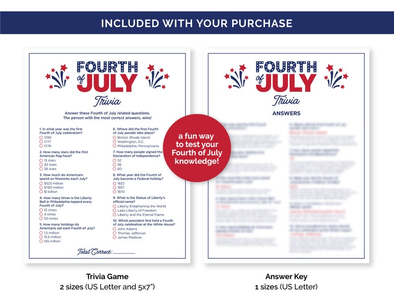 Fourth of July Trivia Game, Printable Quiz With Answers for a 4th of ...
