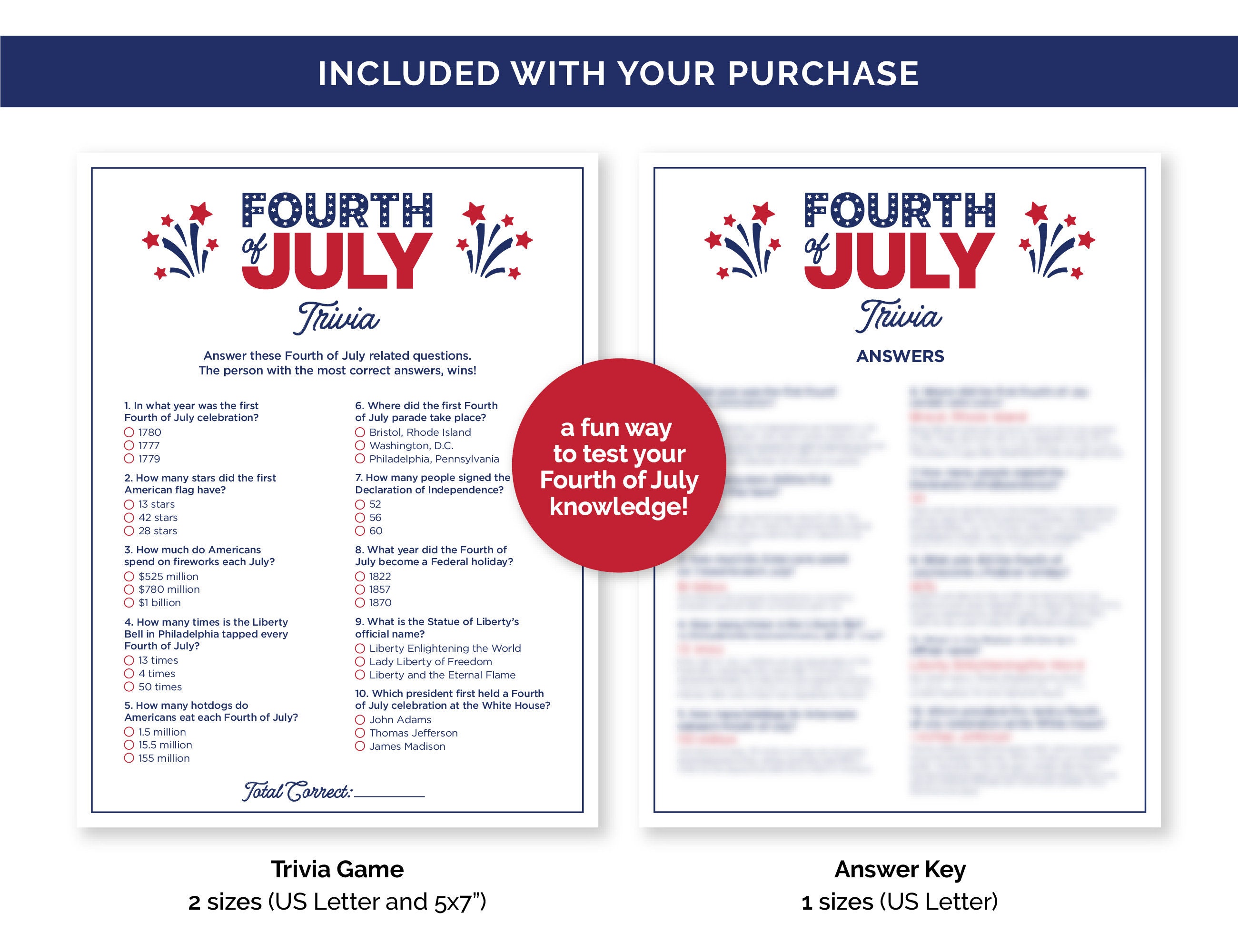 Fourth of July Trivia Game, Printable Quiz With Answers for a 4th of ...