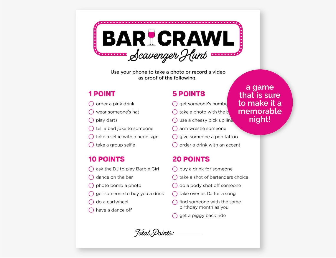 Bar Crawl Scavenger Hunt, Printable Bar Hopping Game for a Birthday Bar