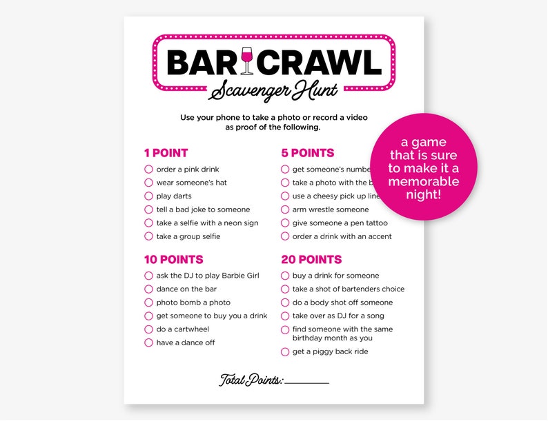 Bar Crawl Scavenger Hunt, Printable Bar Hopping Game for a Birthday Bar