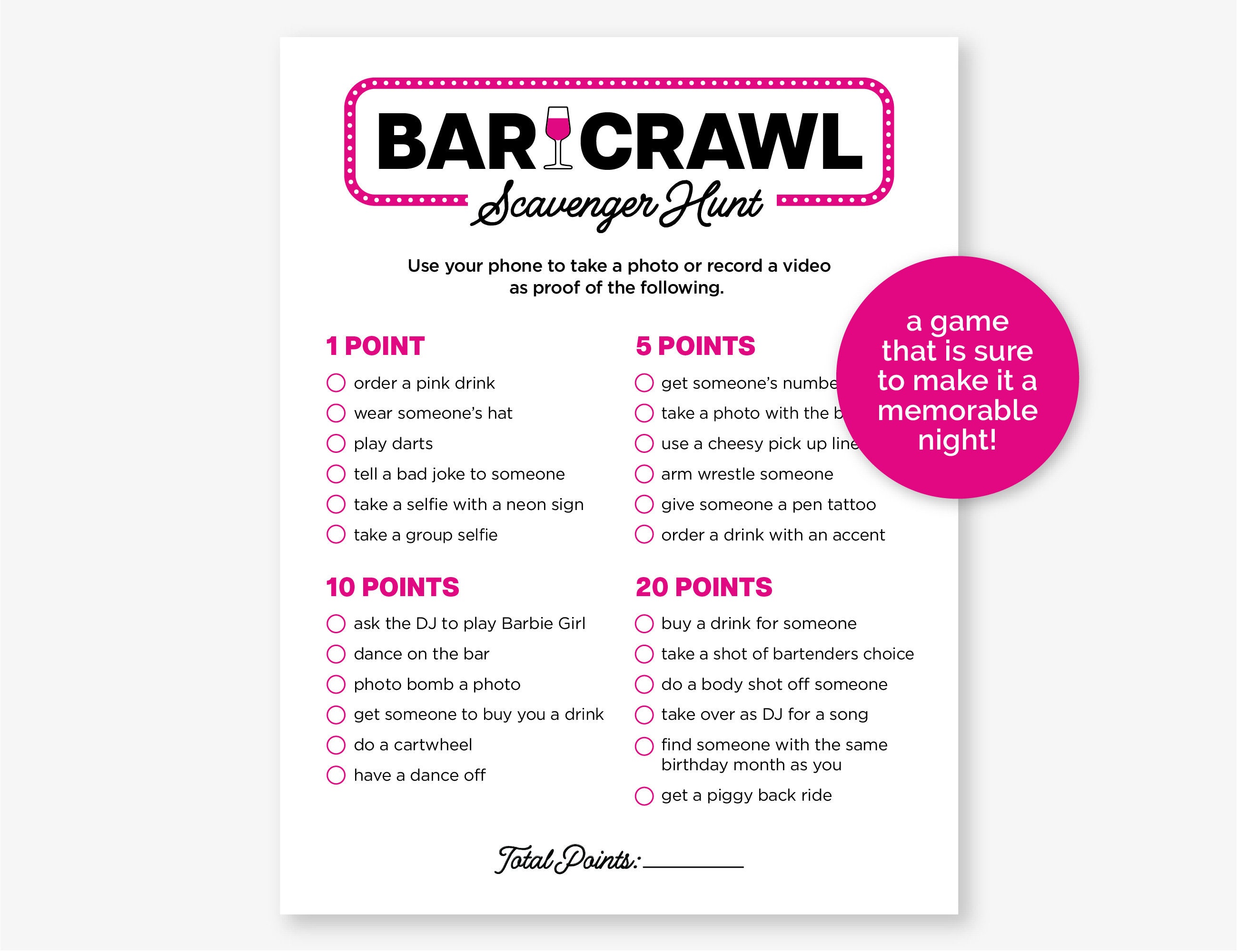 Bar Crawl Scavenger Hunt, Printable Bar Hopping Game for a Birthday Bar