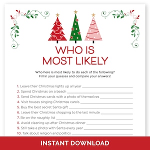 Op de afbeelding: Een afdrukbare kerstspelkaart met de tekst "Who Is Most Likely?" met drie kerstbomen. Het spel bevat invulvragen over vakantiegewoonten. De woorden "Instant Download" staan onderaan.