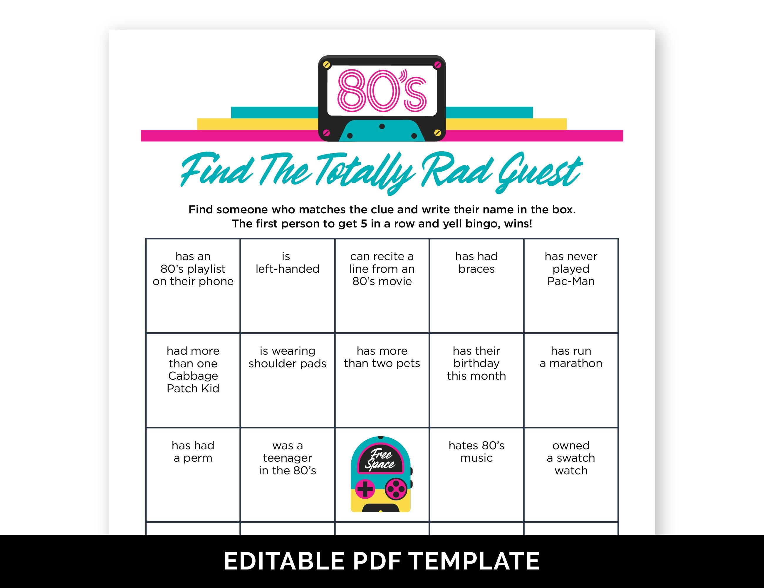 Editable 80s Find the Guest Bingo, Fun Icebreaker Game for an 80s