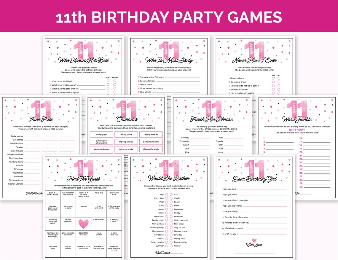 11th Birthday Party Games, Printable Birthday Games Bundle With ...