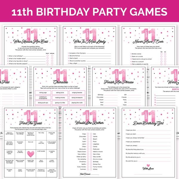 11th Birthday Party Games, Printable Birthday Games Bundle with Birthday Girl Trivia, Tween Activities for an 11-Year-Old Girls Birthday