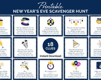 Könnte beinhalten: Ein druckbares Silvester-Schnitzeljagd-Spiel mit 18 Hinweisen auf weißen Karten mit dunkelblauem Sternenmuster-Rand. Jede Karte enthält festliche Illustrationen wie Partyhüte, Discokugeln, Feuerwerk und Uhren mit gereimten Texten.