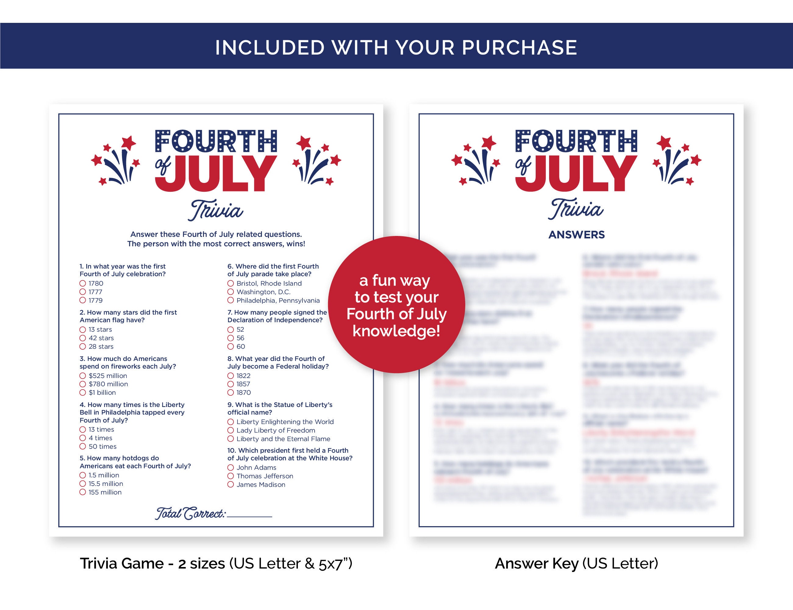 Fourth of July Trivia Game Printable Quiz With Answers for a - Etsy Canada