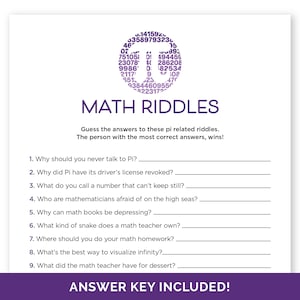 Op de afbeelding: Een printbaar werkblad met negen wiskundige raadsels over het getal pi. Het werkblad heeft een paarse rand en de tekst "MATH RIDDLES" in een groot paars lettertype. De tekst "ANSWER KEY INCLUDED!" staat onderaan de pagina.