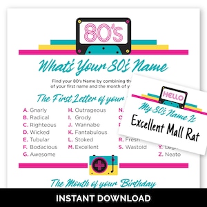 What&#39;s Your 80&#39;s Name Game, Printable 80&#39;s Party Game for Adults and Kids, Fun Name Generator Game with Name Tags for an 80&#39;s-Themed Party.