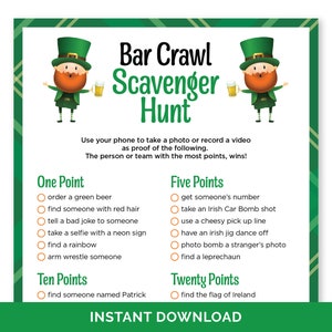 May include: A printable St. Patrick's Day bar crawl scavenger hunt game with a green background and illustrations of leprechauns. The game includes a list of tasks to complete, such as ordering a green beer, finding someone with red hair, and taking a selfie with a neon sign. The person or team with the most points wins.