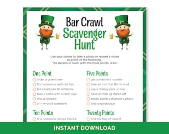 St. Patrick's Day Bar Crawl Scavenger Hunt, Printable St. Paddy's Day Bar Hopping Game for Adults, Fun St. Patrick's Bar Crawl Challenge.