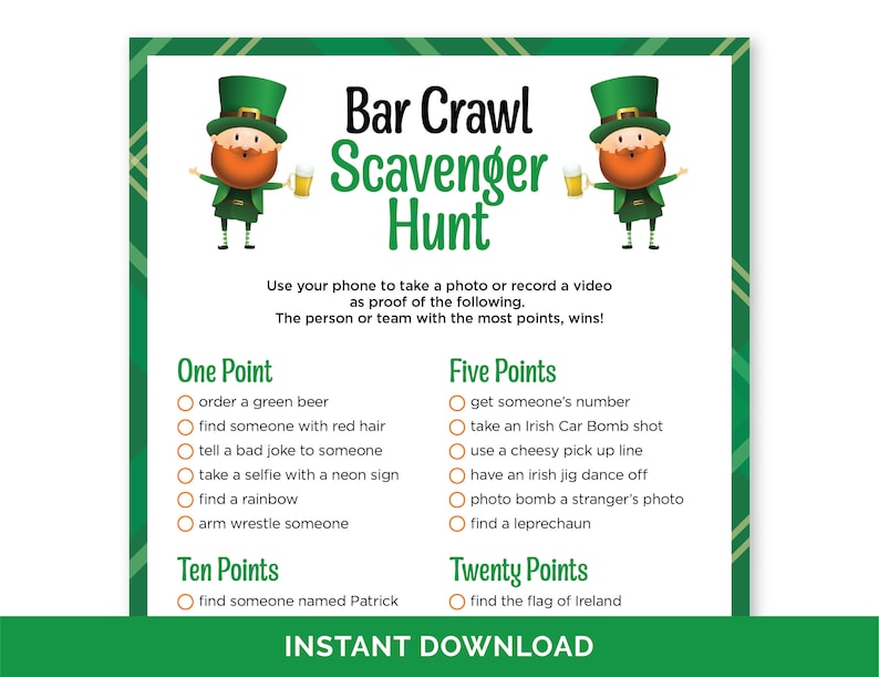 St. Patrick's Day Bar Crawl Scavenger Hunt, Printable St. Paddy's Day