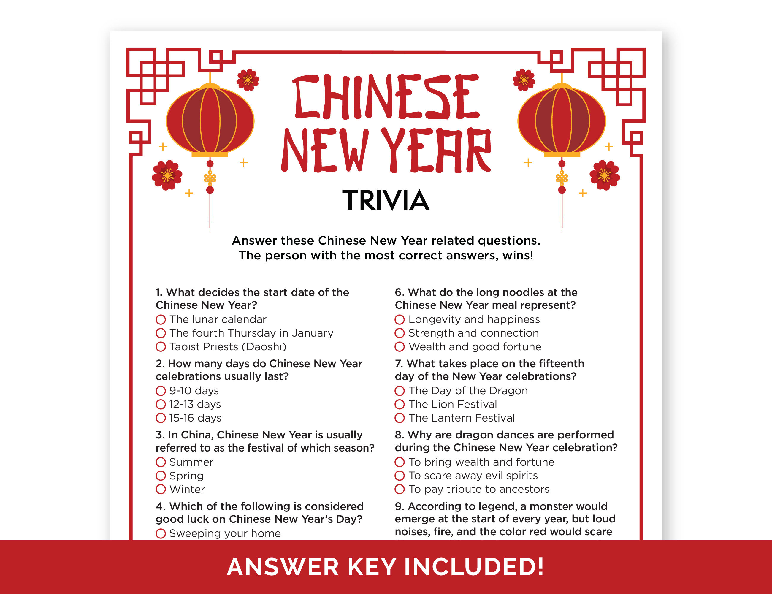 Chinese New Year Trivia Game, Printable Quiz for a Family or Classroom Lunar New Year Party