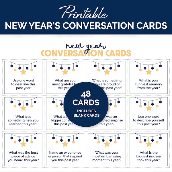 New Year Conversation Cards, 48 Printable Reflection Cards for Adults & Kids, New Year's Eve Conversation Starters, Family Reflection Cards.