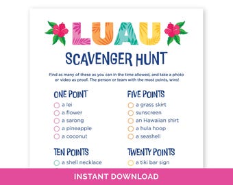Luau Photo Scavenger Hunt, Hawaiian Theme Game for a Tiki Party, Fun Aloha Summer Party Game, Scavenger Hunt for a Tropical Birthday Party.
