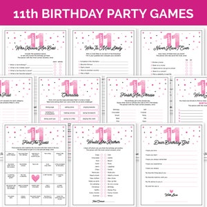 以下が含まれることがあります： 11歳の誕生日パーティー用の印刷可能なゲームセット。ゲームには、「彼女を一番よく知っているのは誰？」、「誰が最も可能性が高い？」、「やったことがない」、「素早く考える」、「ジェスチャーゲーム」、「彼女の言葉を完成させる」、「単語スクランブル」、「ゲストを見つける」、「どちらかといえば」、「誕生日おめでとう」が含まれています。