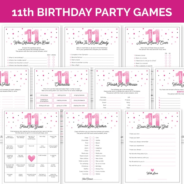 Games for 11th Birthday Party Etsy
