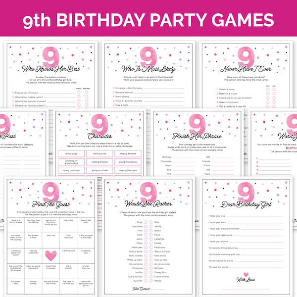 9th Birthday Party Games, Printable Ninth Birthday Games Bundle with Birthday Girl Trivia, Tween Activities for a 9-Year-Old Girls Birthday.