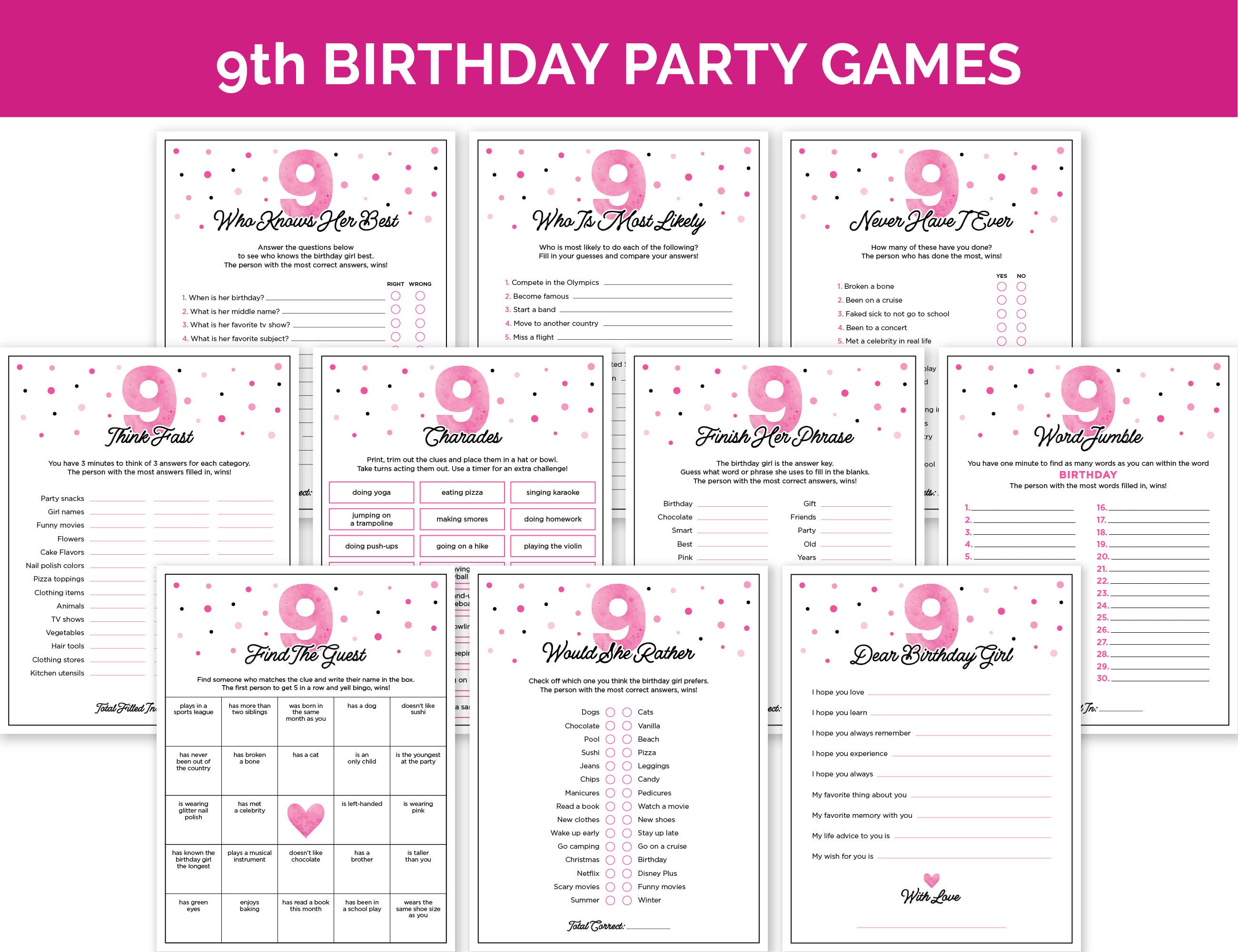 9th Birthday Party Games, Printable Ninth Birthday Games