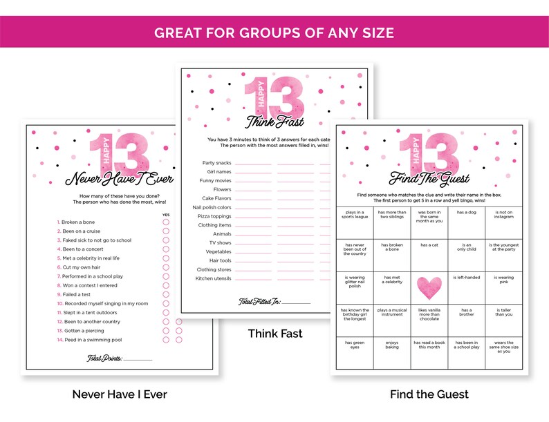 Puede incluir: Cartas de juego imprimibles rosas y negras para una fiesta de cumplea&ntilde;os n&uacute;mero 13. Las cartas presentan el texto "Happy 13" e incluyen juegos como "Never Have I Ever" y "Find the Guest".