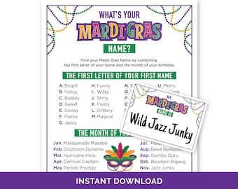 Juego "¿Cuál es tu nombre de Mardi Gras?", Juego generador de nombres de Mardi Gras y etiquetas de nombres, Juego de fiesta del Martes Gordo, Actividad divertida para romper el hielo de Mardi Gras.