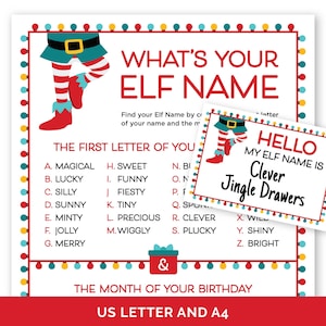 What&#39;s Your Elf Name Game, Printable Holiday Party Game for Kids and Adults, Family Christmas Party Name Generator Game with Name Tags,