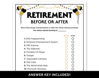 Retirement Before or After, Retiree Trivia Game for a Retirement Party, New Retiree Celebration Game, Retirement Dinner Party Icebreaker.