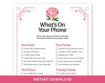 Mother's Day What's On Your Phone, Printable Mother's Day Party Phone Game for Groups, Mother's Day Phone Scavenger Hunt for Adults & Teens