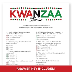 Kwanzaa Trivia Game, Printable Quiz for a Family or Classroom Kwanzaa Celebration Party, Educational Activity for Adults, Teens and Kids.