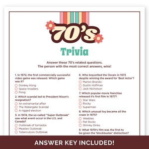 70&#39;s Trivia Game, Printable Quiz with Answers for a 70&#39;s Theme Party, 1970&#39;s Trivia Game for a Groovy Disco Party, 50th Birthday Party Game.