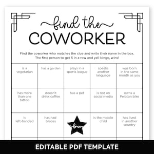 Juego de bingo para compañeros de trabajo editable, juego de fiesta para encontrar a alguien en la oficina, bingo para mezclar y relacionar empleados, actividad de formación de equipos para encontrar a un compañero de trabajo.