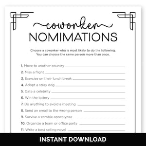 Coworker Nominations, Printable Team-Building Game for a Work Party, Most Likely To Staff Party Game, Office Superlatives Icebreaker Game.