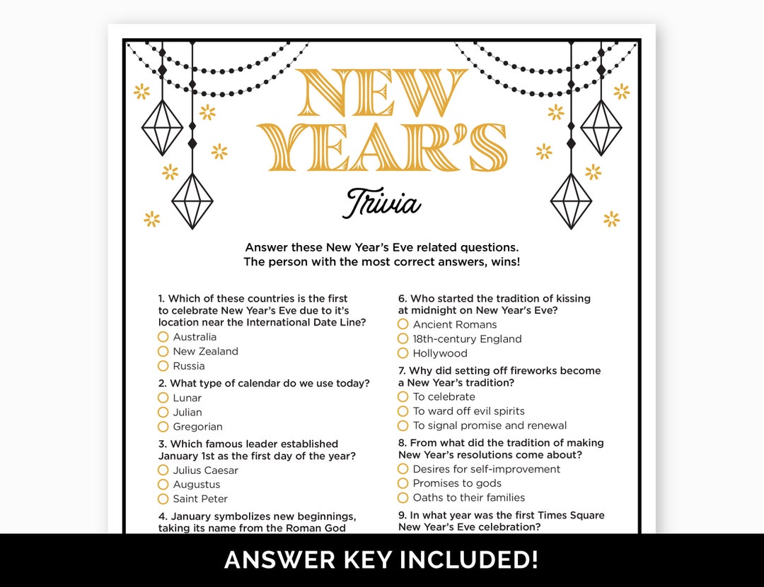 New Year's Trivia Game, Printable Quiz With Answers for a New Year's Eve Party, New Year's ...