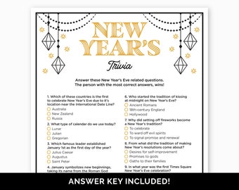 May include: A printable New Year's Eve trivia game with gold and black decorations. The game includes nine questions about New Year's Eve traditions. The text "Answer Key Included!" is at the bottom of the page.