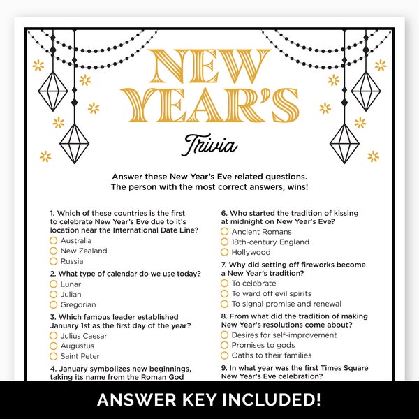 New Year's Trivia Game, Printable Quiz with Answers for a New Year's Eve Party, New Year's Educational Activity for Adults & Kids, NYE Game.