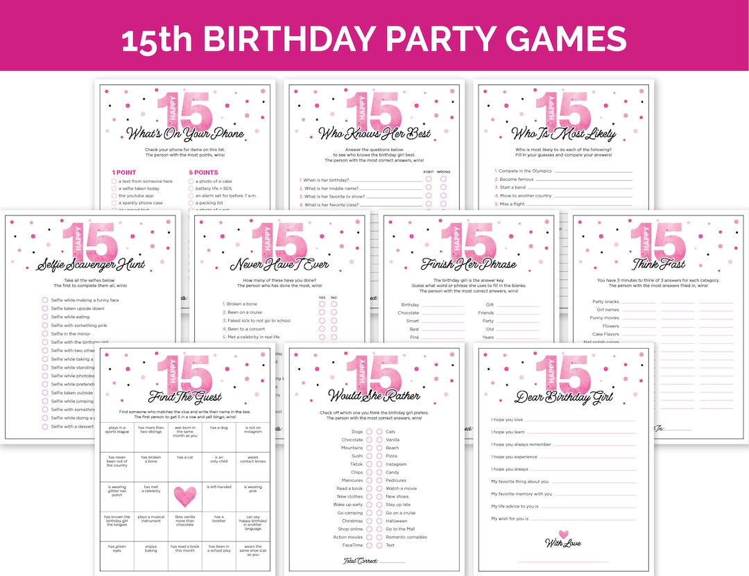 15th Birthday Party Games, Printable Game Bundle for a 15-year-old Girl