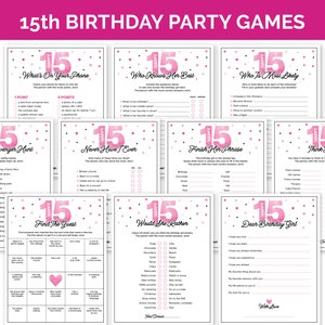 Giochi per feste di compleanno di 15 anni, pacchetto di giochi stampabili per il compleanno di una ragazza di 15 anni, giochi per feste per ragazze adolescenti con quiz sulla festeggiata