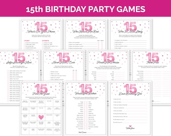 15th Birthday Party Games, Printable Game Bundle for a 15-Year-Old Girl's Birthday, Teen Girl Party Games with Birthday Girl Trivia