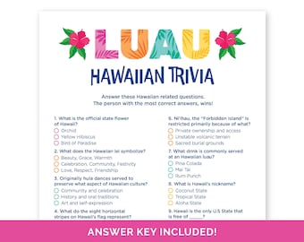 Luau Hawaiian Trivia Game, Printable Quiz with Answers for a Tiki Party, Hawaii Trivia Game for a Tropical Birthday, Aloha Summer Party Game