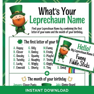 What&#39;s Your Leprechaun Name Game, Printable St. Patrick&#39;s Day Party Game for Kids & Adults, St. Paddy&#39;s Name Generator Game with Name Tags.