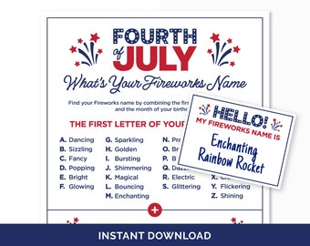 What's Your Fireworks Name Game for a Fourth of July Party, Printable 4th of July Name Generator Game with Name Tags for Kids and Adults