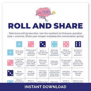 Op de afbeelding: Een printbaar spel met de titel "ROLL AND SHARE" met een raster van vragen. Het spel bevat een roze hersengrafiek met een bril en een gele vierkant. De vragen zijn bedoeld om gesprekken op gang te brengen. De woorden "INSTANT DOWNLOAD" staan onderaan.