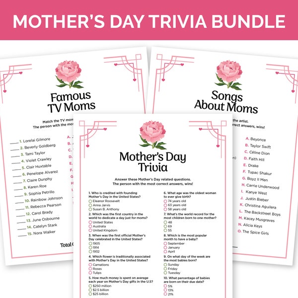 Mother's Day Trivia Games Bundle, Printable Mothers Day Trivia, Famous TV Moms & Songs About Moms Games for a Mother's Day Party or Brunch.