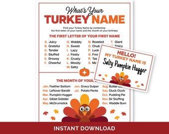What&#39;s Your Turkey Name Game, Printable Thanksgiving Party Game for Kids and Adults, Family Thanksgiving Name Generator Game with Name Tags.